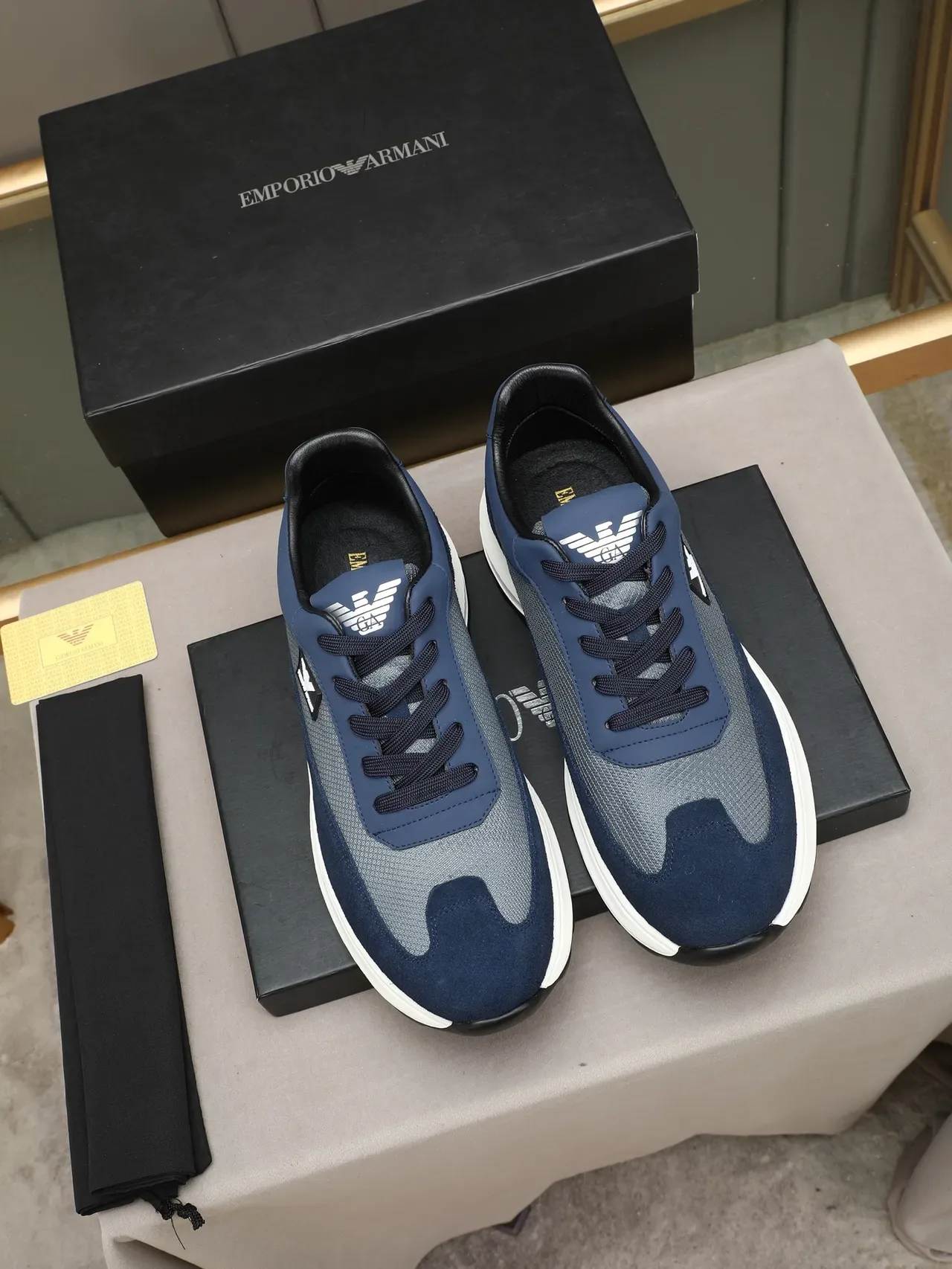 Emporio Armani Navy and Gray Suede-Mesh Platform Lifestyle Sneakers 2