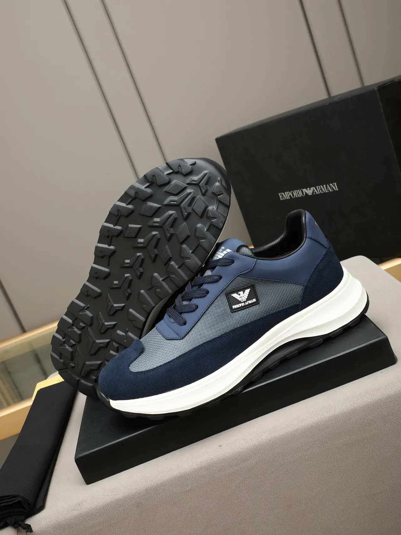 Emporio Armani Navy and Gray Suede-Mesh Platform Lifestyle Sneakers 4