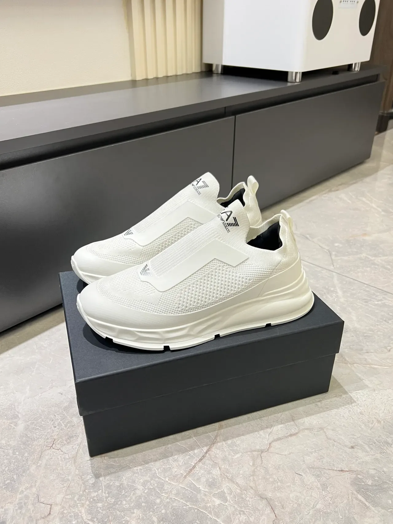 Emporio Armani White Black Slip-On Mesh Upper Lifestyle Sneakers 4
