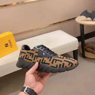 Fendi Beige Black Knit Upper All-Over FF Monogram Lifestyle Sneakers