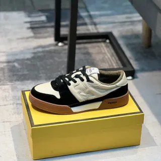 Fendi Black Beige Two-Tone Leather-Suede Upper Gum Rubber Sole Lifestyle Sneakers