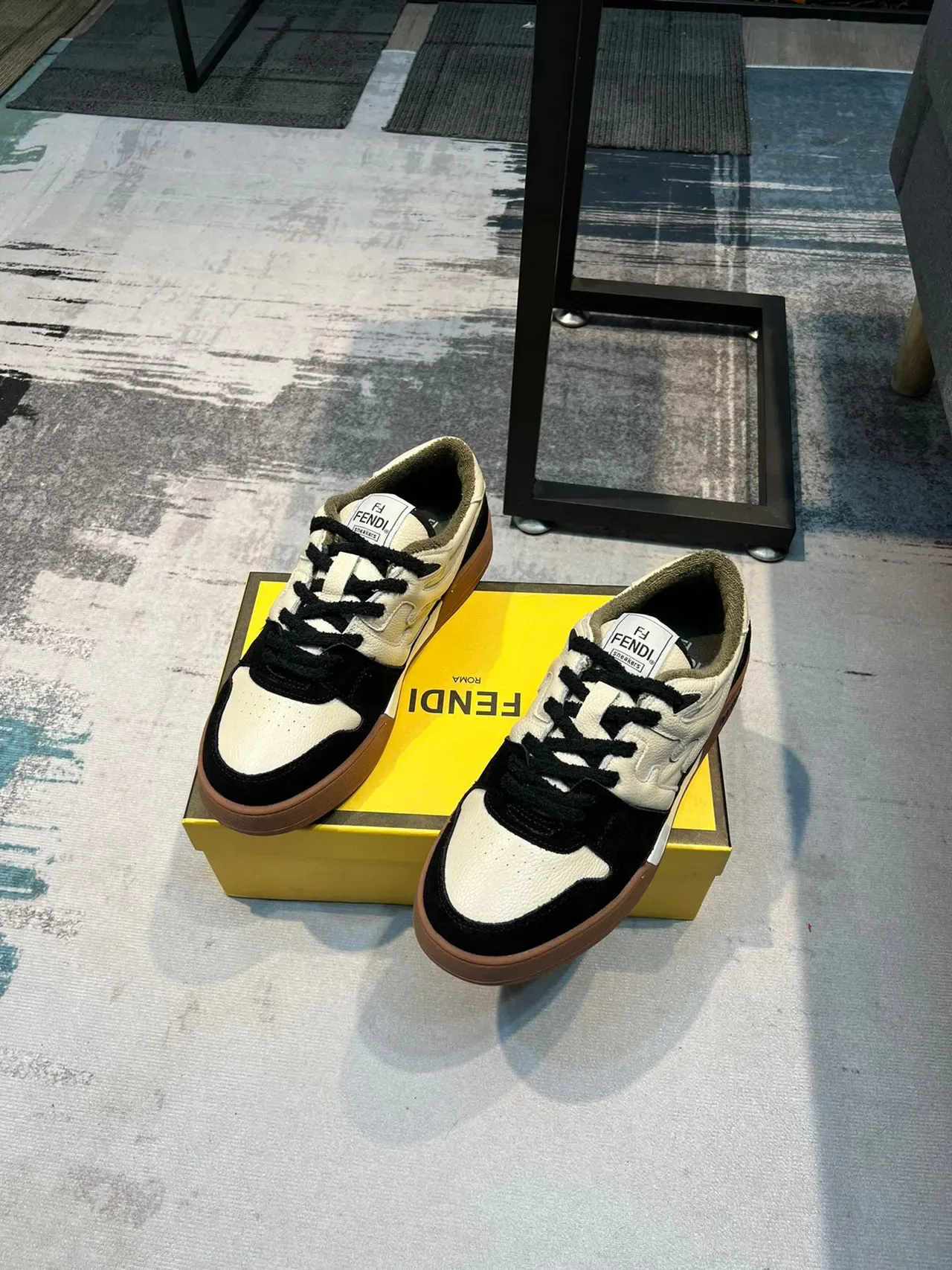 Fendi Black Beige Two-Tone Leather-Suede Upper Gum Rubber Sole Lifestyle Sneakers 3