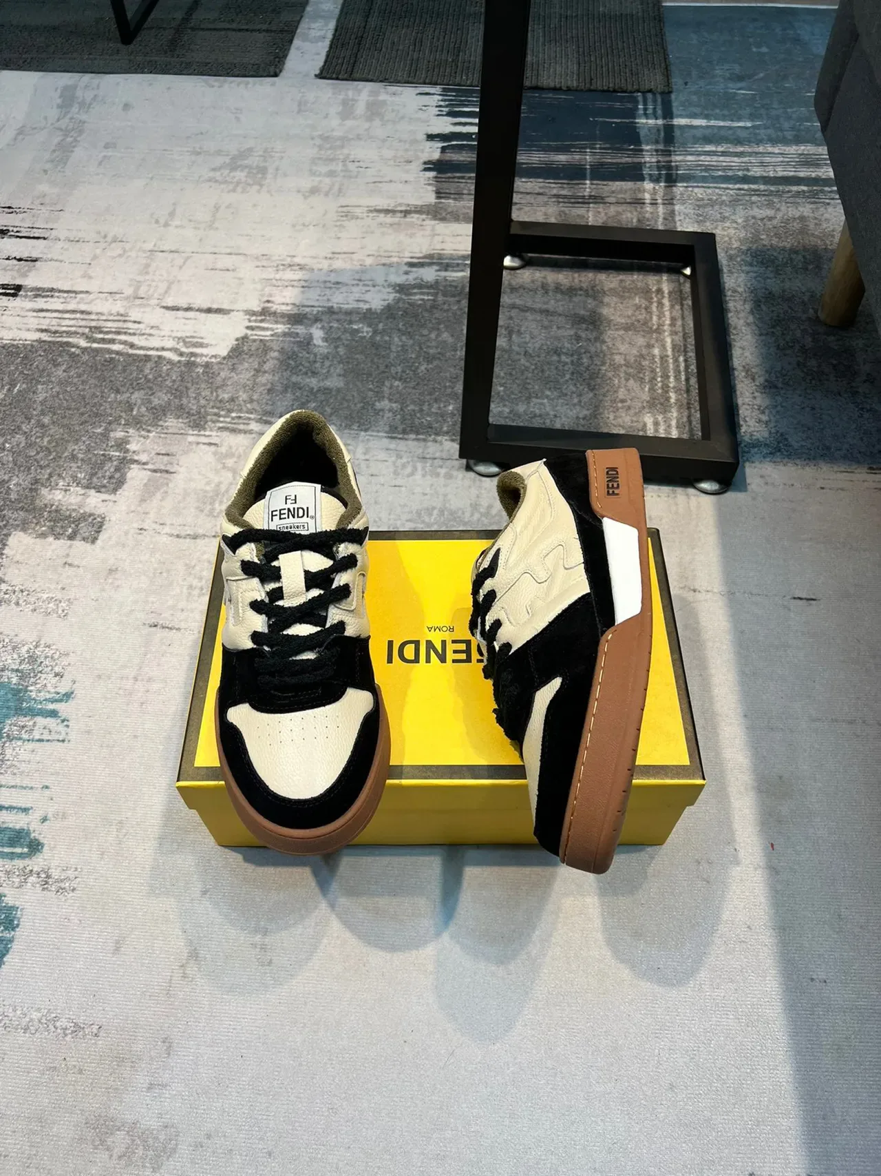 Fendi Black Beige Two-Tone Leather-Suede Upper Gum Rubber Sole Lifestyle Sneakers 5