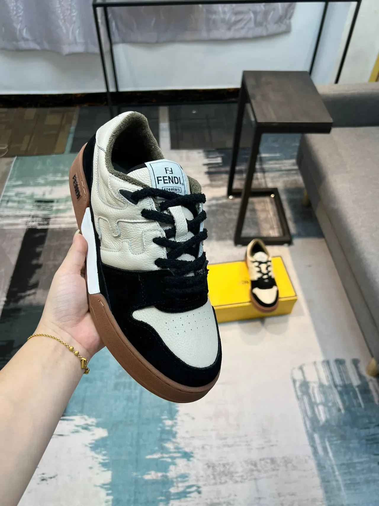 Fendi Black Beige Two-Tone Leather-Suede Upper Gum Rubber Sole Lifestyle Sneakers 6