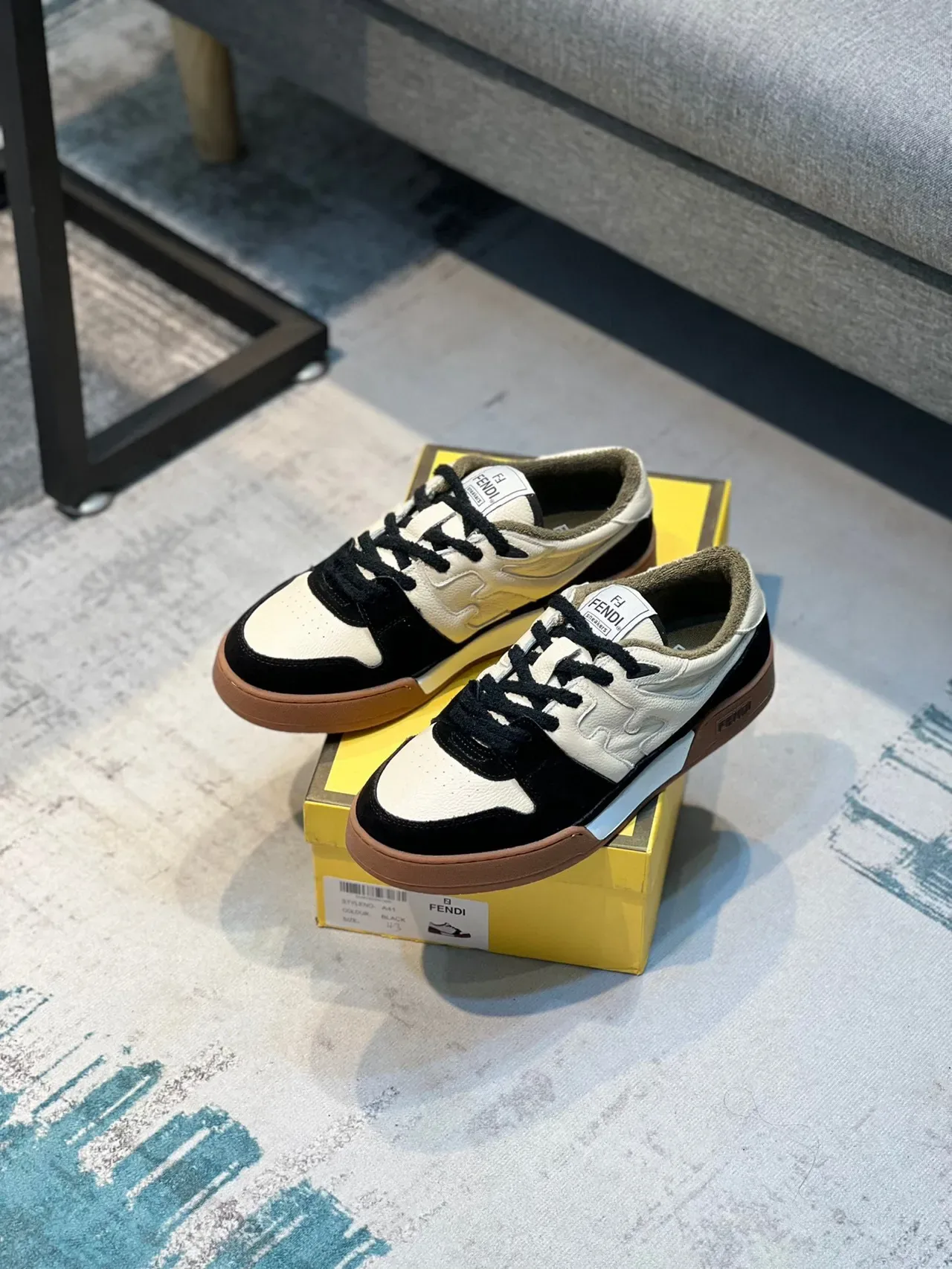 Fendi Black Beige Two-Tone Leather-Suede Upper Gum Rubber Sole Lifestyle Sneakers 7