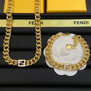 Fendi FF Chain Gold White Curb-Link Logo Plaque Necklace