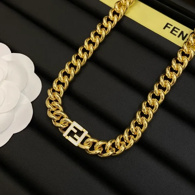 Fendi FF Chain doré blanc Curb-Link plaque logo collier 2