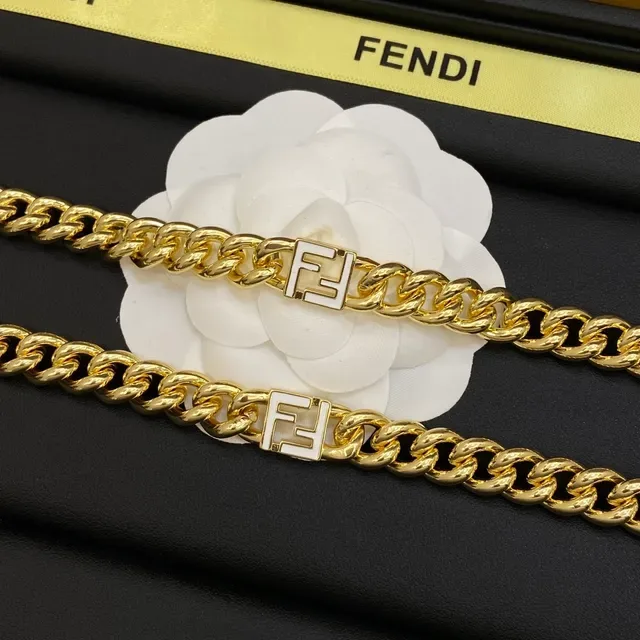 Fendi FF Chain doré blanc Curb-Link plaque logo collier 6