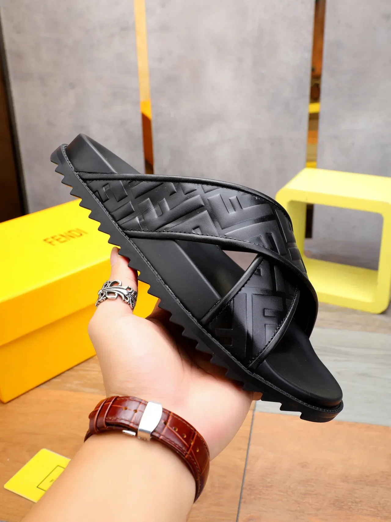Fendi FF Cross Strap Slide Black Slippers 4