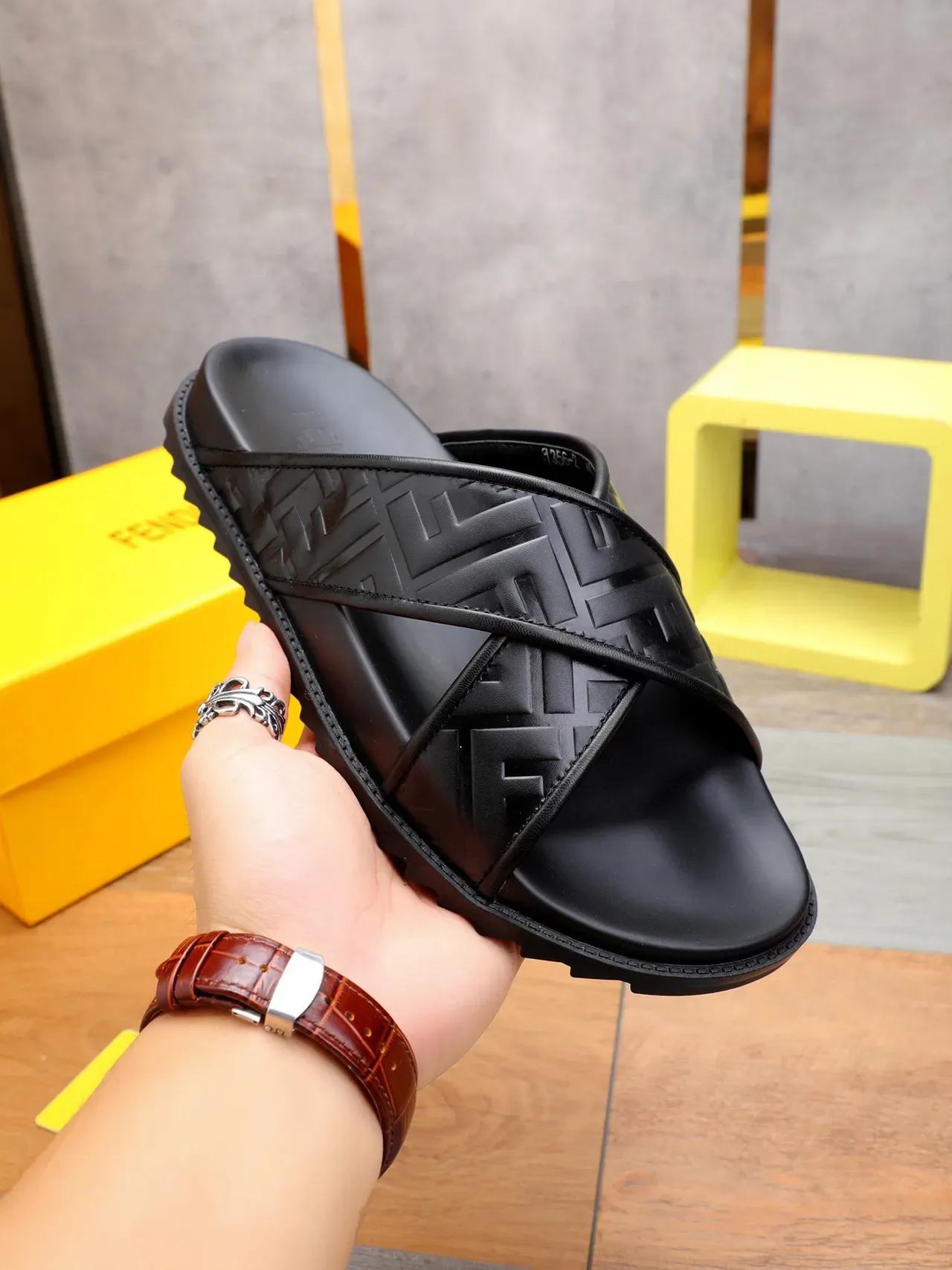 Fendi FF Cross Strap Slide Black Slippers 6
