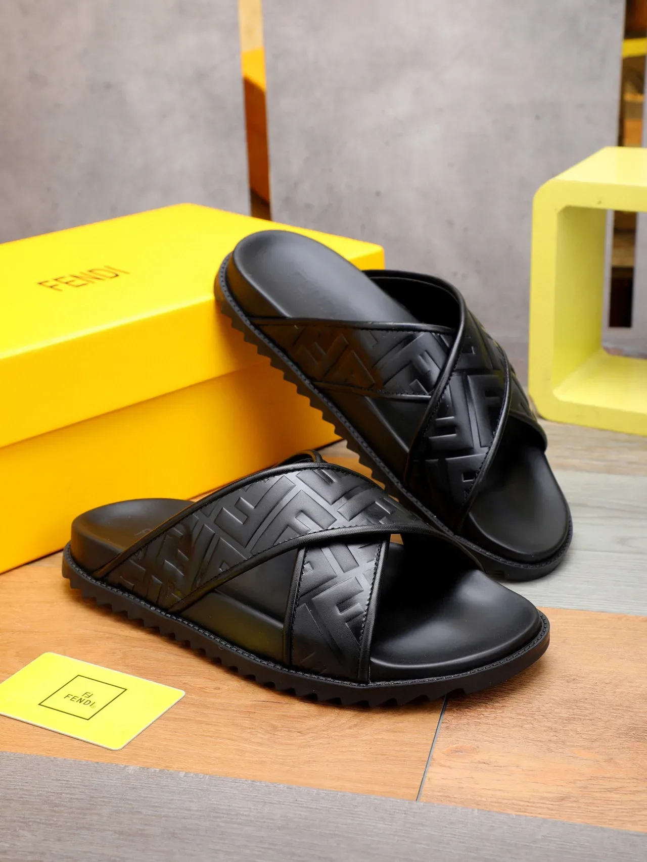 Fendi FF Cross Strap Slide Black Slippers 7