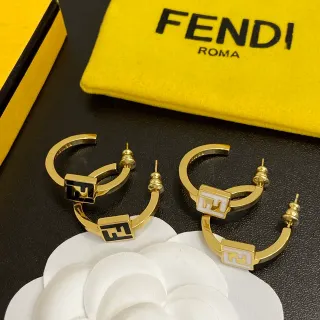 Fendi FF Logo Hoop Gold Black Metal C-Shaped Earrings