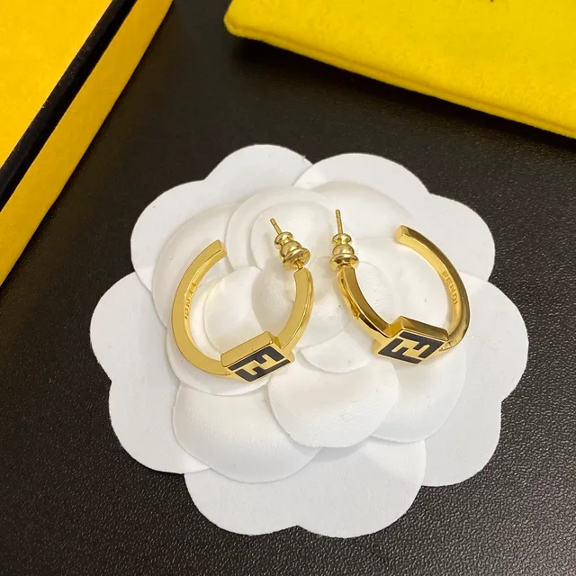 Fendi FF Logo Boucles d'oreilles Hoop C Shape Métal Doré Noir 2