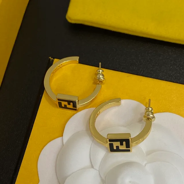 Fendi FF Logo Boucles d'oreilles Hoop C Shape Métal Doré Noir 3