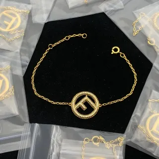 Fendi FF Logo Pavé Circle Gold-Tone Chain Bracelet