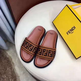 Fendi FF Monogram Slide Brown Black Woven Strap Molded Rubber Footbed Slippers