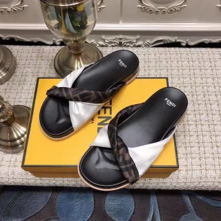 Fendi FF Monogram Slipper Black White Twisted Strap Satin-and-Leather Contrast Slippers