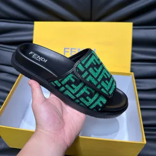 Fendi FF Slide Black Green Monogram Woven Strap Rubber Sole Slippers