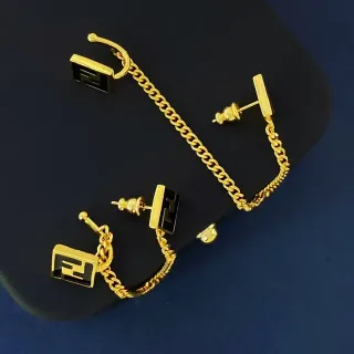 Fendi Gold Black Asymmetrical Chain-Connected Earrings