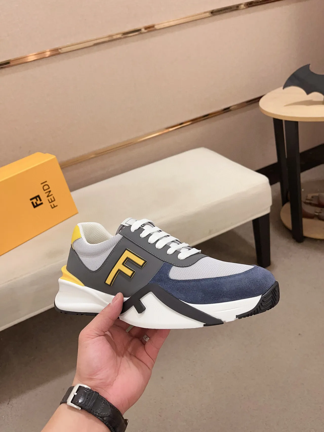 Fendi Gris Marino Multi-Material Upper Suela Media Esculturada Zapatillas Chunky 4