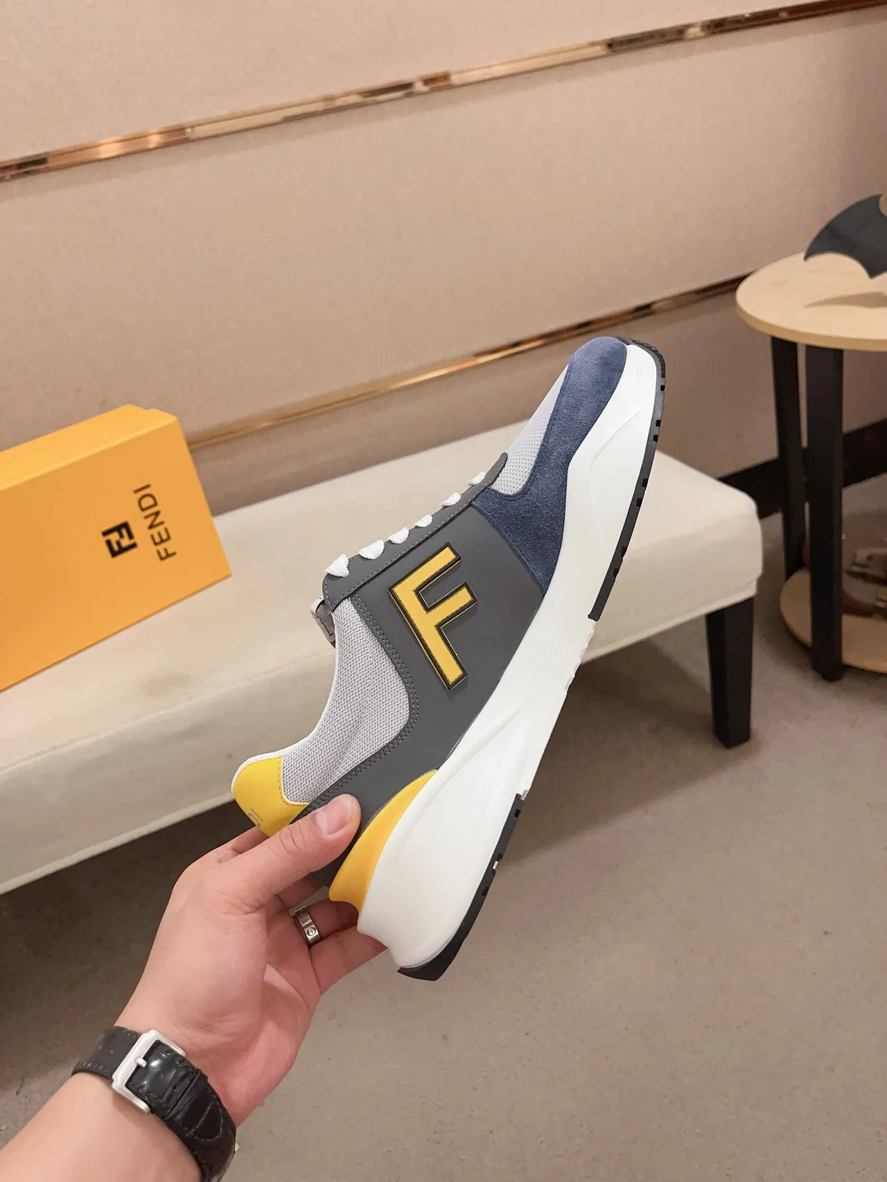Fendi Gris Marino Multi-Material Upper Suela Media Esculturada Zapatillas Chunky 5