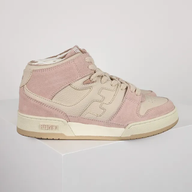 Fendi Tênis de Cano Alto Rosa Bege de Camurça e Couro Panelada Lifestyle Sneakers 3