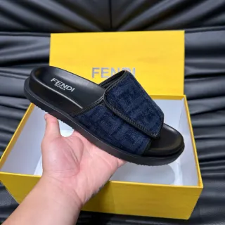 Fendi Navy Black Monogram Jacquard Strap Molded Rubber Sole Slippers