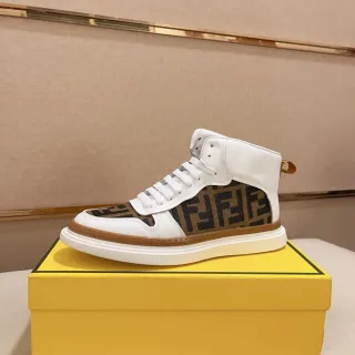 Fendi White Brown High-Top Monogrammed Fabric Lifestyle Sneakers