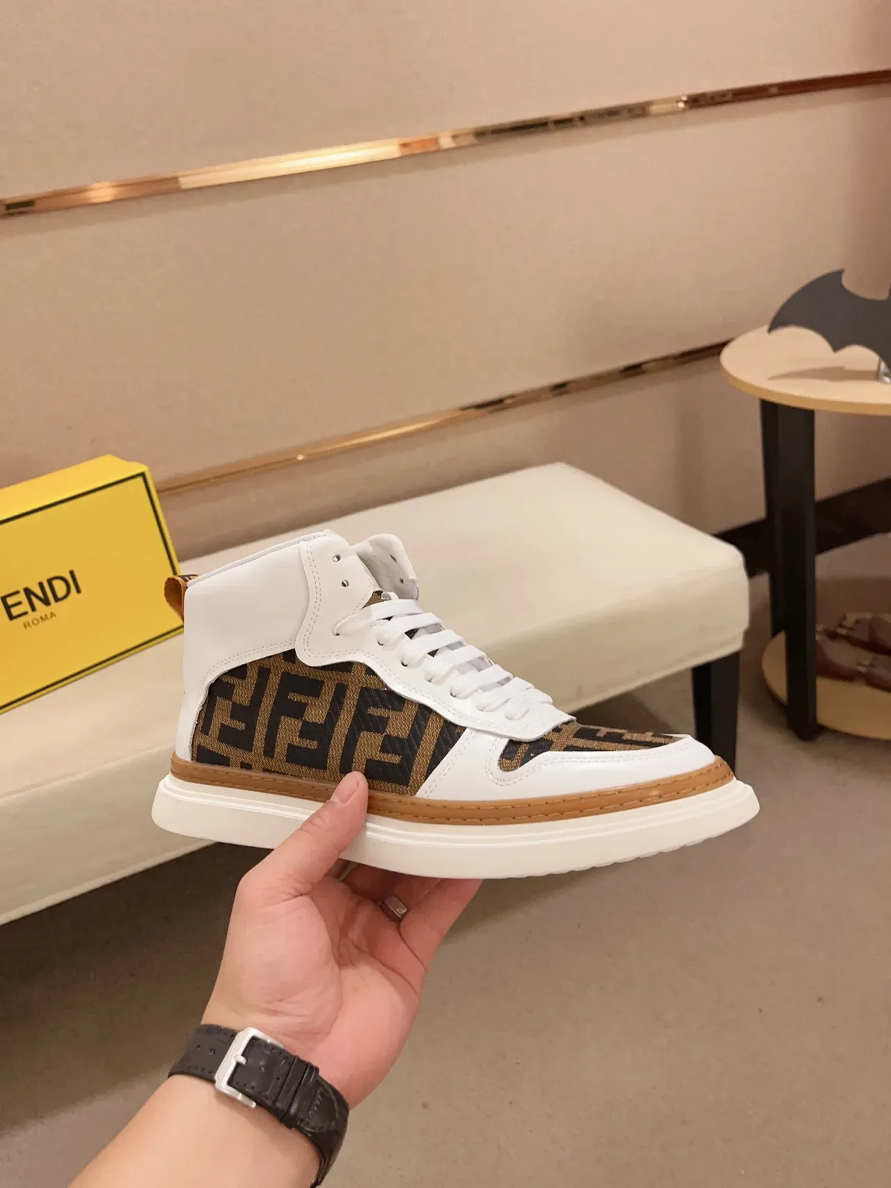 Fendi Blanc Marron Baskets Lifestyle Monogrammées en Tissu High-Top 7