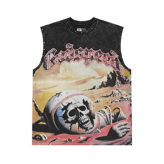 Acid-Wash Black Studded Graphic Vest Top 2