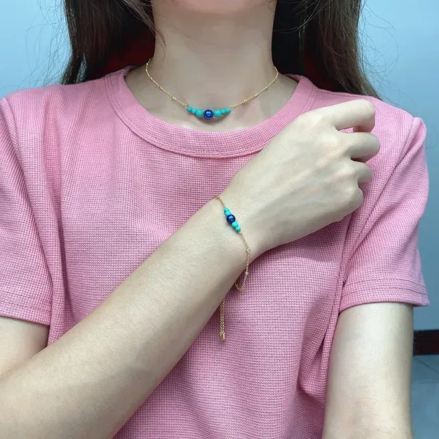 apm Monaco Gold Blue Chain Beaded Pendant Necklace 2