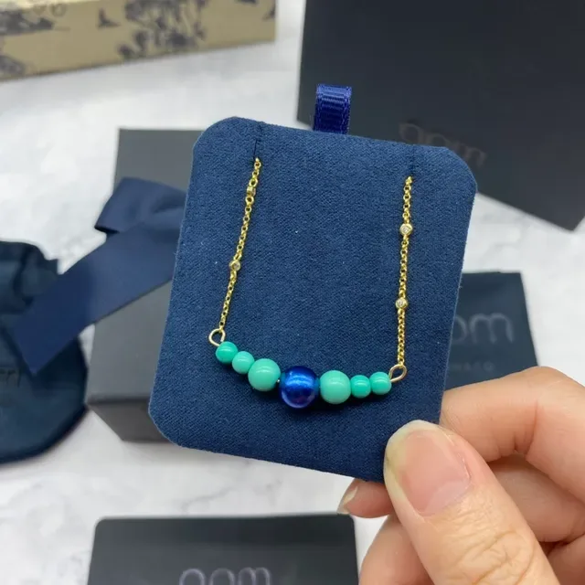 apm Monaco Gold Blue Chain Beaded Pendant Necklace 4