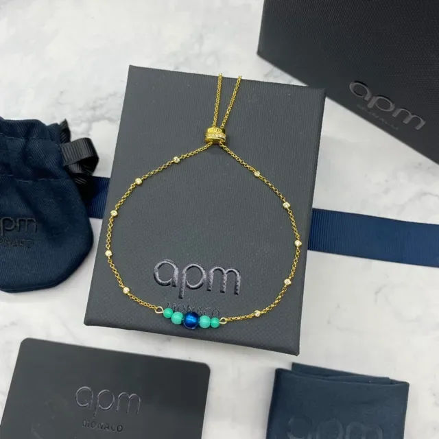 apm Monaco Gold Blue Chain Beaded Pendant Necklace 7
