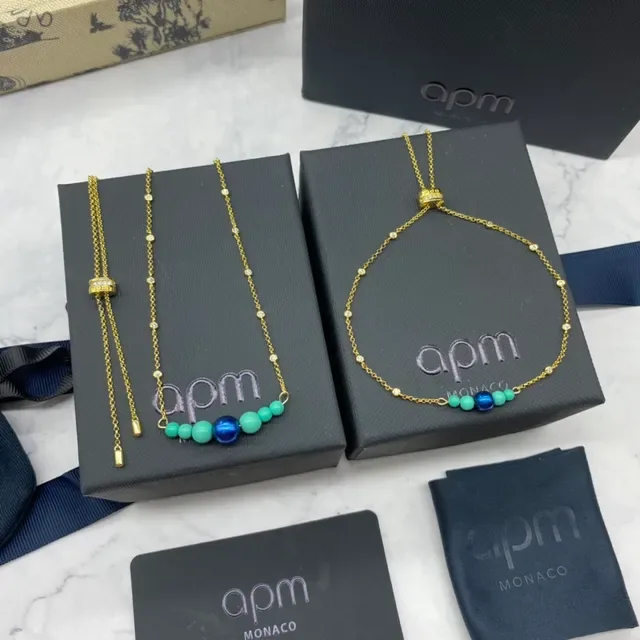 apm Monaco Gold Blue Chain Beaded Pendant Necklace 9