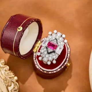 Art Deco Style Pink Gemstone and Diamond Halo Ring