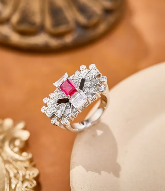 Art Deco Style Pink Gemstone and Diamond Halo Ring 3