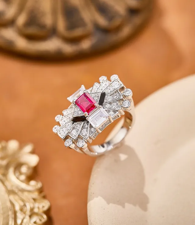 Art Deco Style Pink Gemstone and Diamond Halo Ring 5