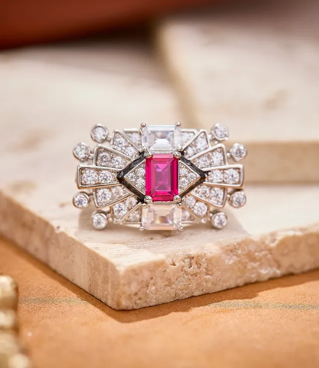 Art Deco Style Pink Gemstone and Diamond Halo Ring 6