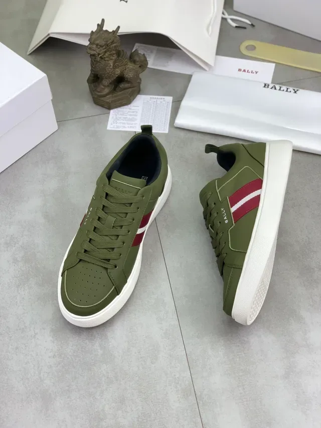 Bally Army Green Red Olive Leather Perforated Toe Lifestyle Sneakers 3