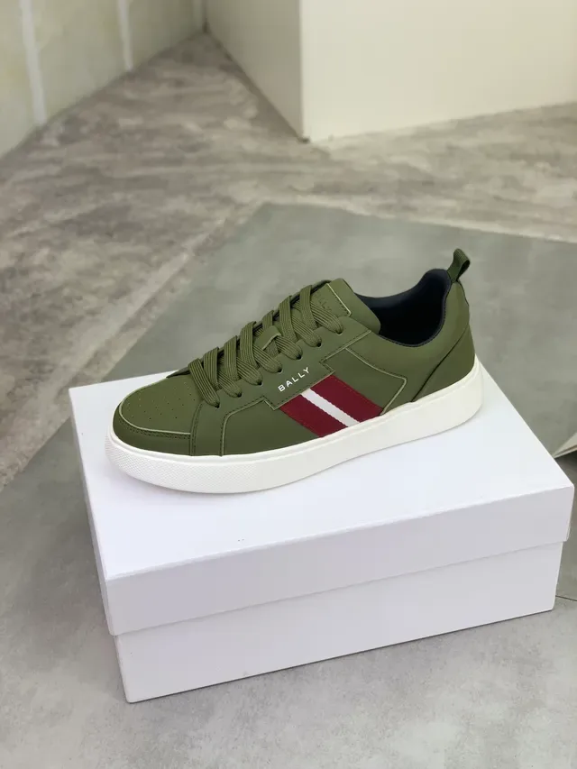 Bally Army Green Red Olive Leather Perforated Toe Lifestyle Sneakers 6