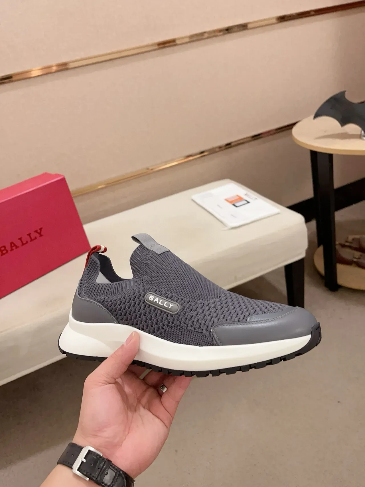 BALLY Gray White Knit Slip-On Chunky Midsole Sneakers 4