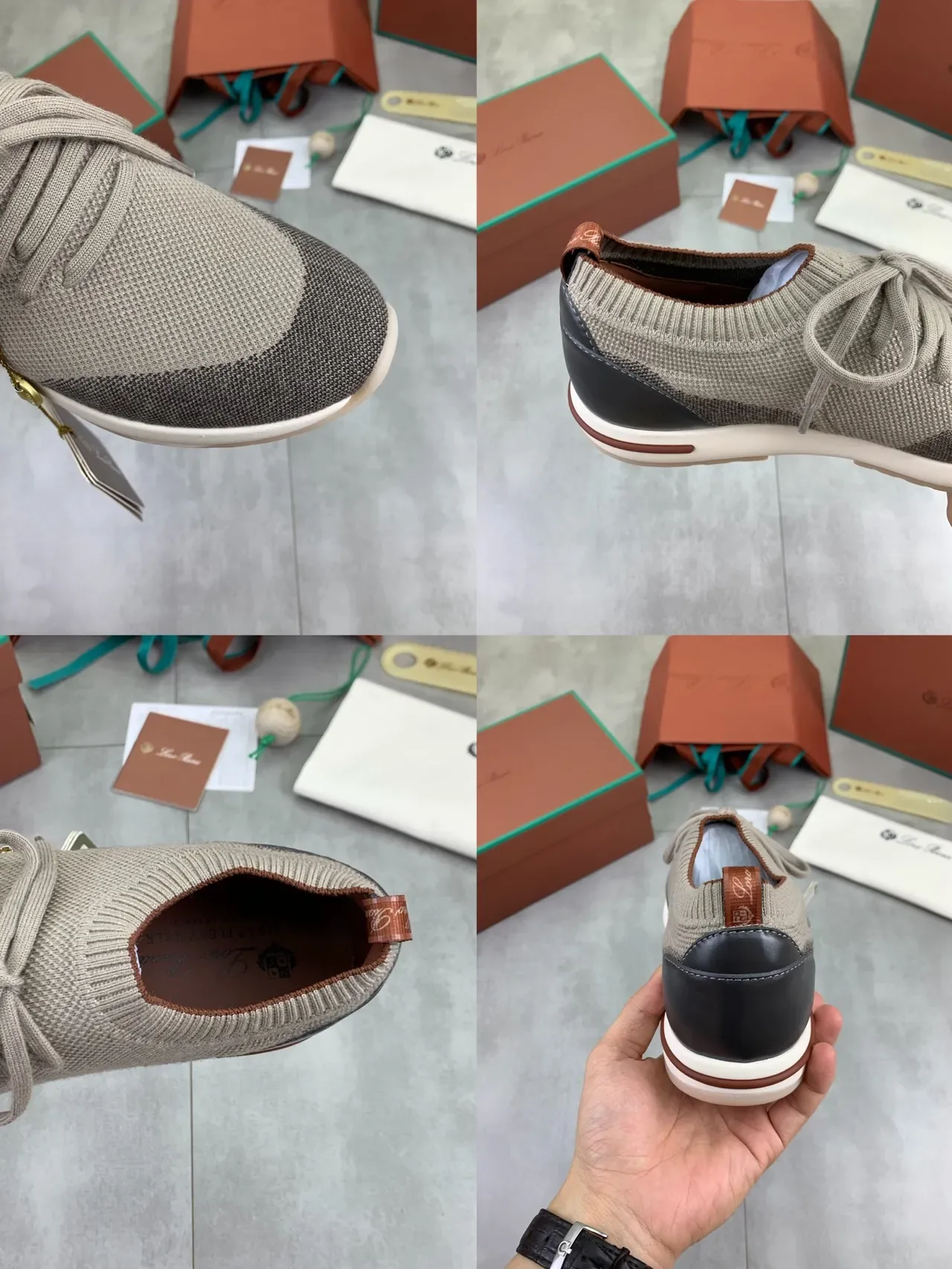 Beige and Gray Knit Low-Top Lace-Up Sneakers 2