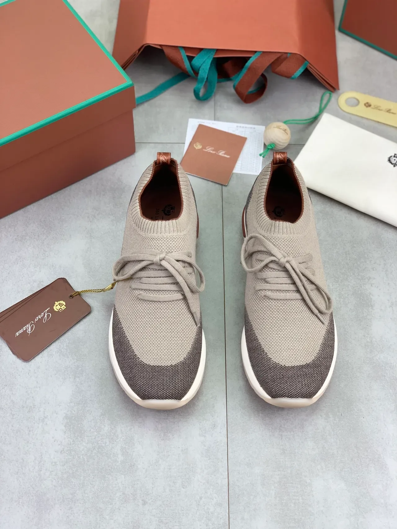 Beige and Gray Knit Low-Top Lace-Up Sneakers 4