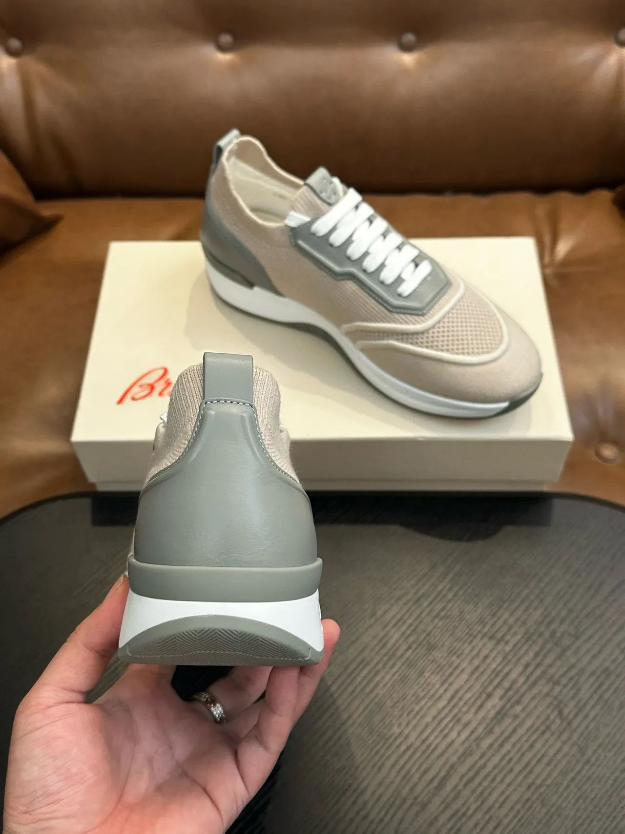 Beige and Gray Mesh Low-Top Lifestyle Sneakers 7