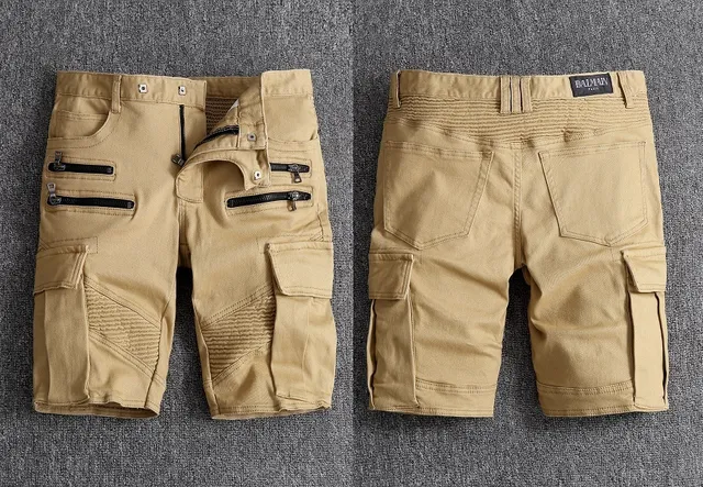Beige Black Cargo-Style Zippered Thigh Pockets Shorts 13
