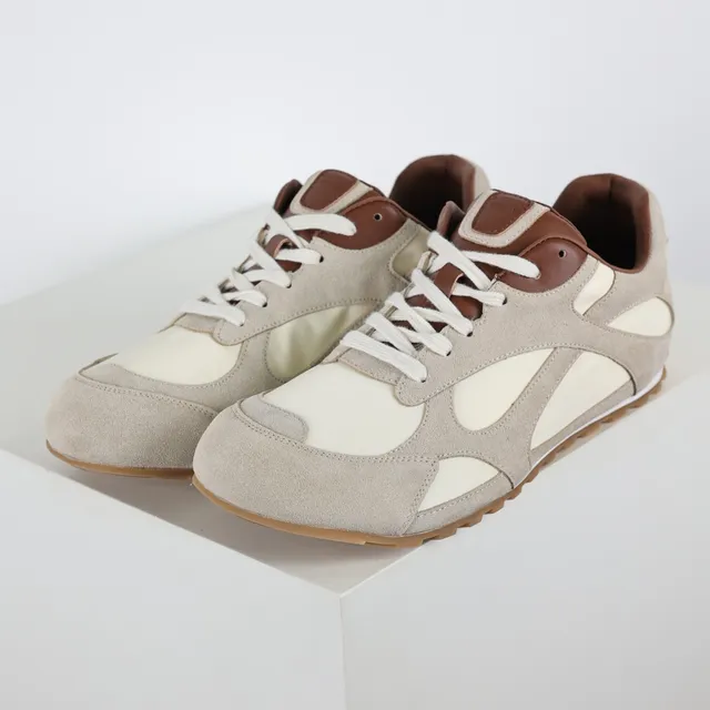 Beige Brown Layered Suede And Textile Upper Gum Rubber Sole Sneakers 2