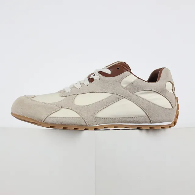 Beige Brown Layered Suede And Textile Upper Gum Rubber Sole Sneakers 9
