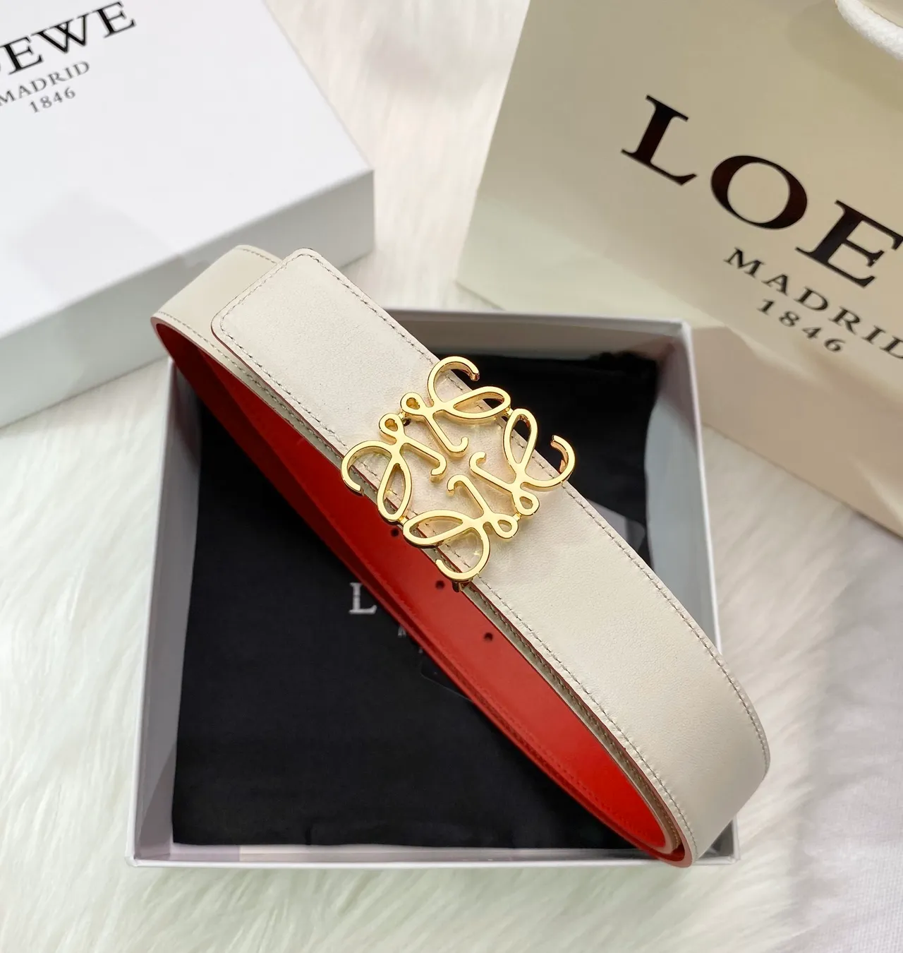 Beige Gold Off-White Smooth Interlocking Logo Buckle Leather Belt 2