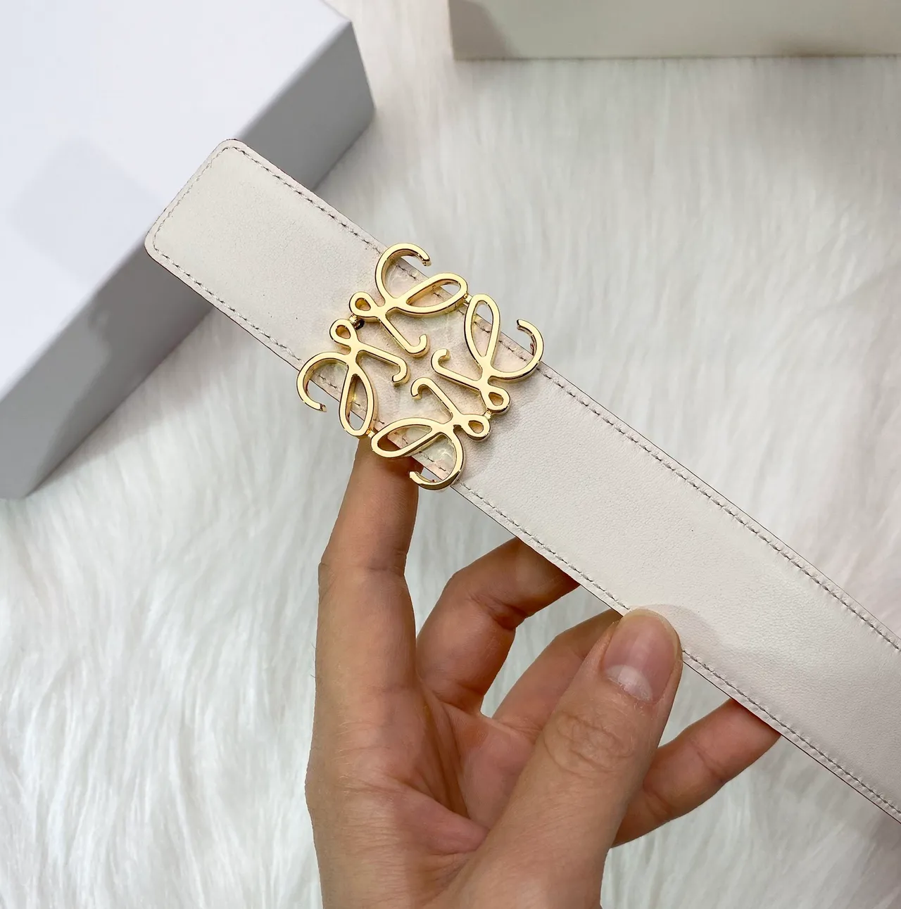 Beige Gold Off-White Smooth Interlocking Logo Buckle Leather Belt 4