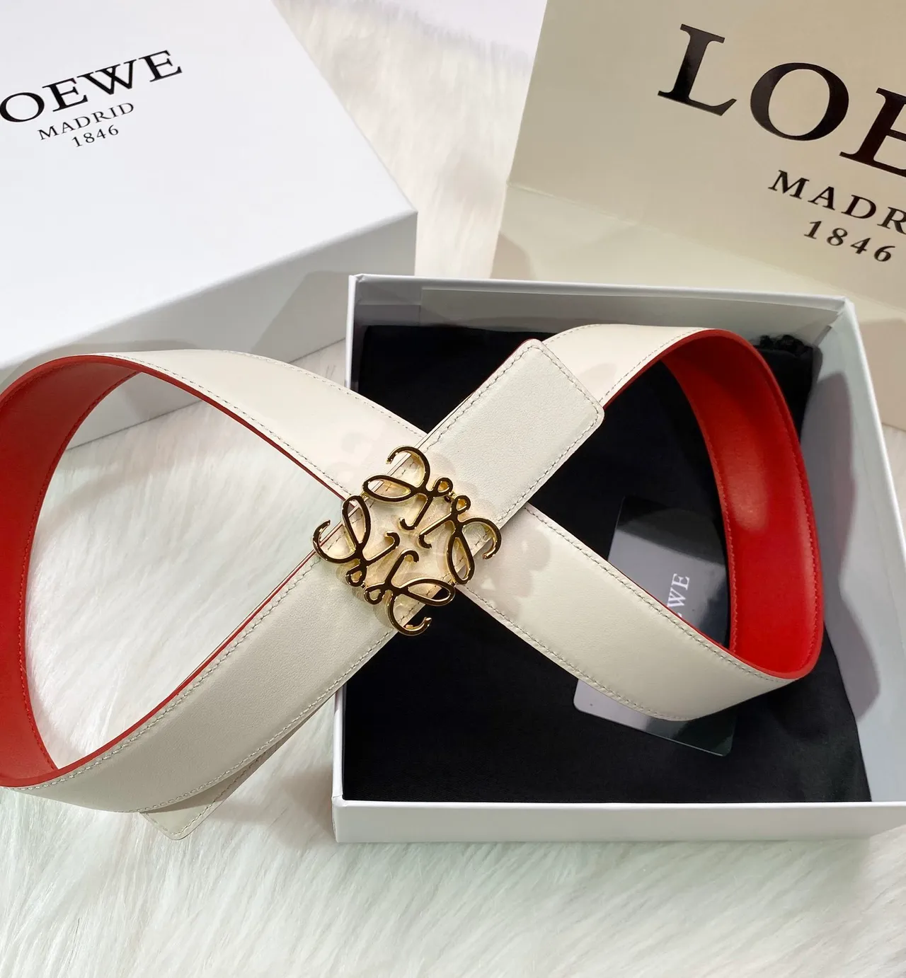 Beige Gold Off-White Smooth Interlocking Logo Buckle Leather Belt 5